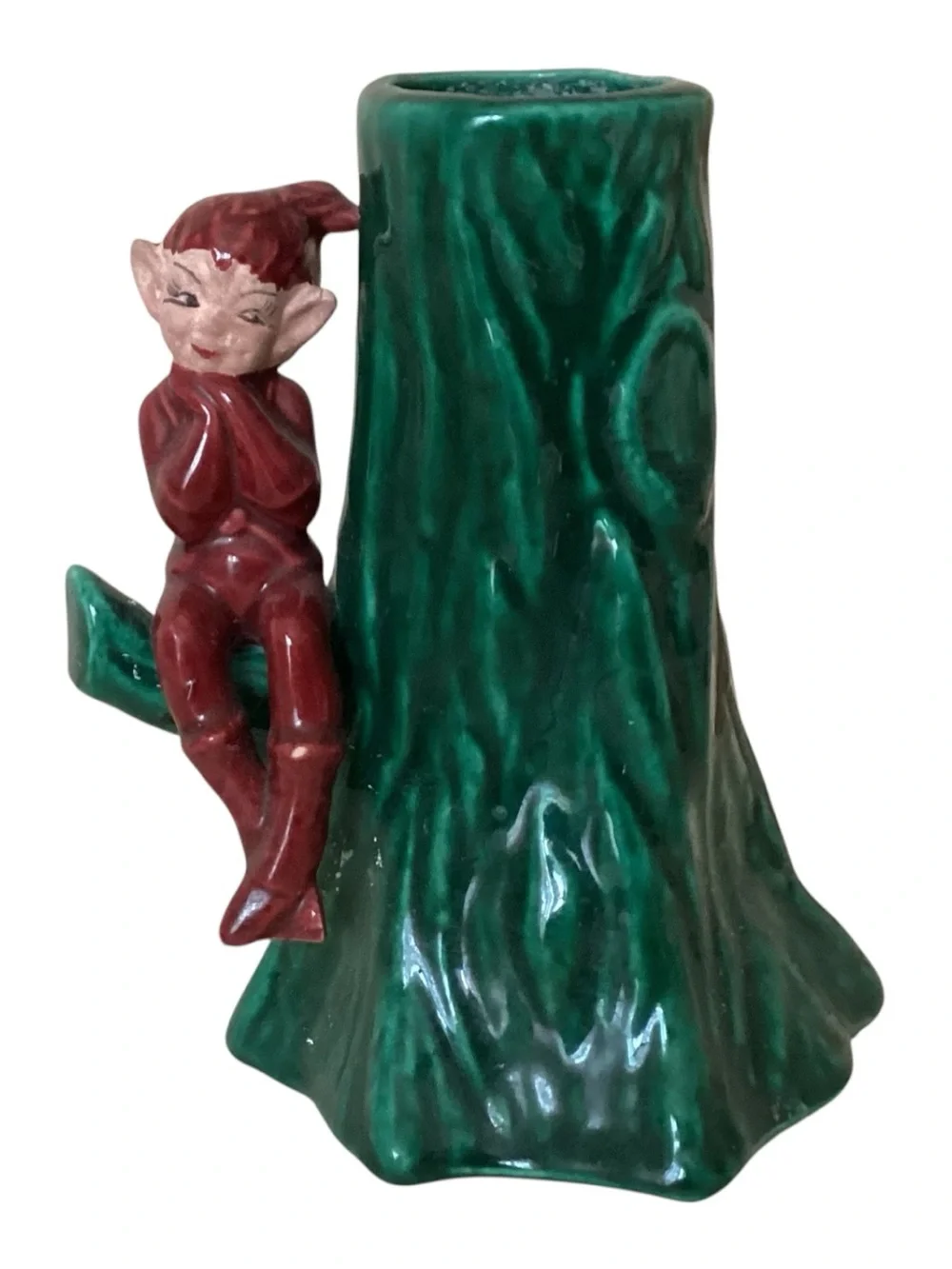 Vintage 50’s Gilner Green Tree Stump Vase Burgundy Elf Figurine 6”